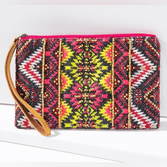 Handmade Hand Beaded Wristlet Clutch - Ethnic Inspired Design - Dyed Fine Cotton - Picture 3 of 9